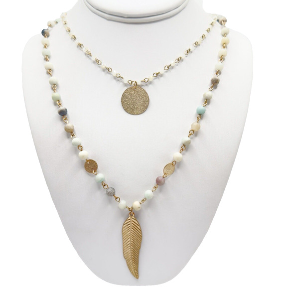 Multi Strand Layered Necklace Gold Tone Natural Stone Coin Feather Boho 26-28" - Picture 1 of 6